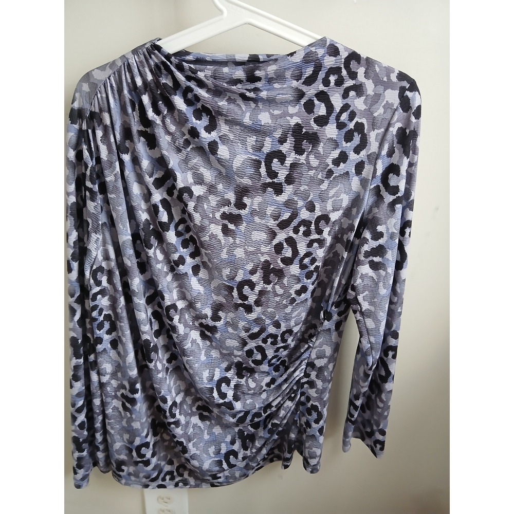 Clara Sun Woo Leopard Print‎ Ruched Long Sleeve Top Gray purple Women's Size L
